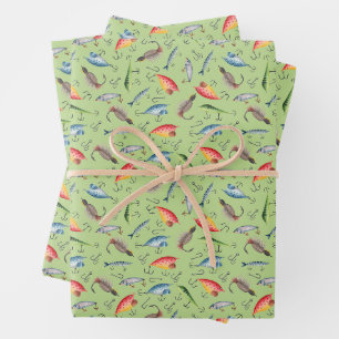 Fishing Lures on Light Spring Green Wrapping Paper Sheet