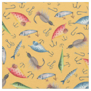 Fishing Lures on Mustard Yellow Fabric