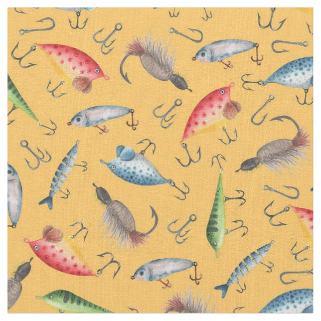 Fishing Lures on Mustard Yellow Fabric (Close Up)