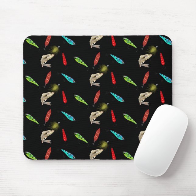 Fishing Lures With Fish On Black Mouse Mat (With Mouse)