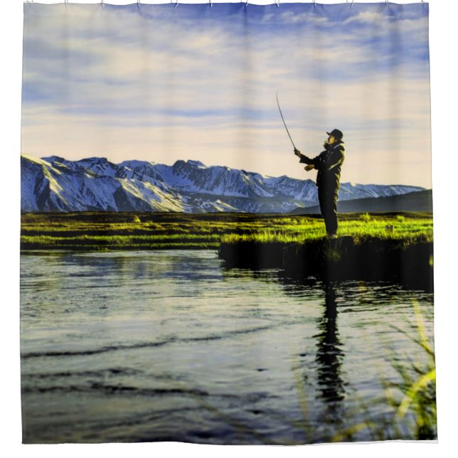 Fishing Mountain Lake Fisherman Shower Curtain (Front)