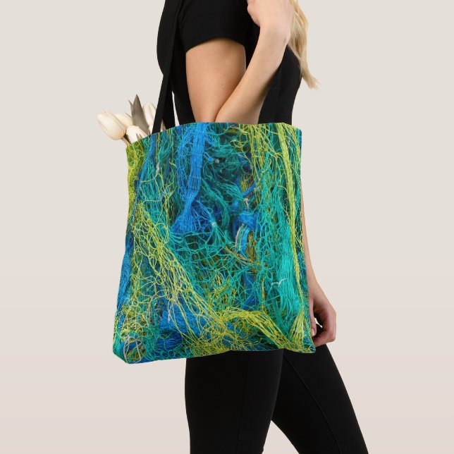 Fishing Net Blue and Yellow Tote Bag (Close Up)