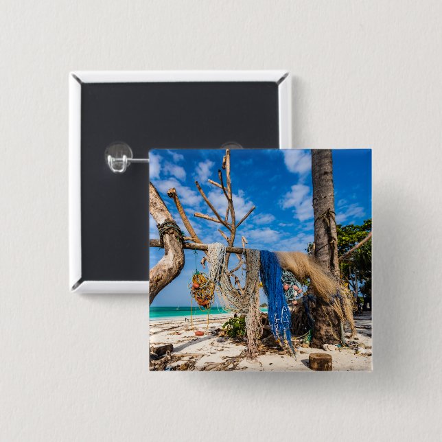 Fishing nets drying on the beach 15 cm square badge (Front & Back)