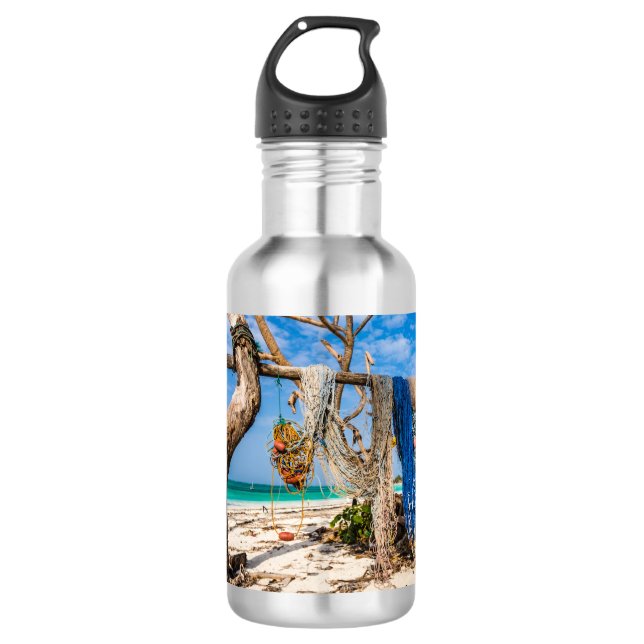 Fishing nets drying on the beach 532 ml water bottle (Front)