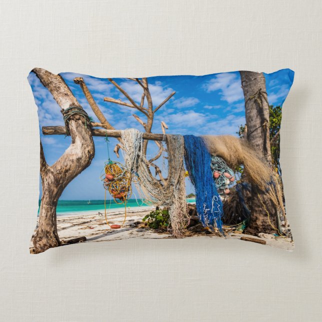 Fishing nets drying on the beach decorative cushion (Front)