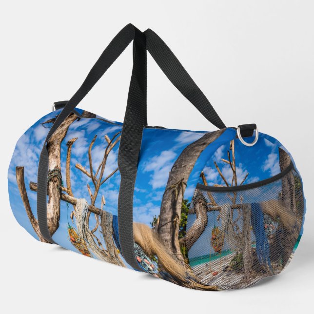 Fishing nets drying on the beach duffle bag (Right Corner)
