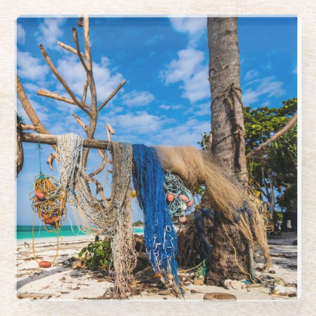 Fishing nets drying on the beach glass coaster (Front)