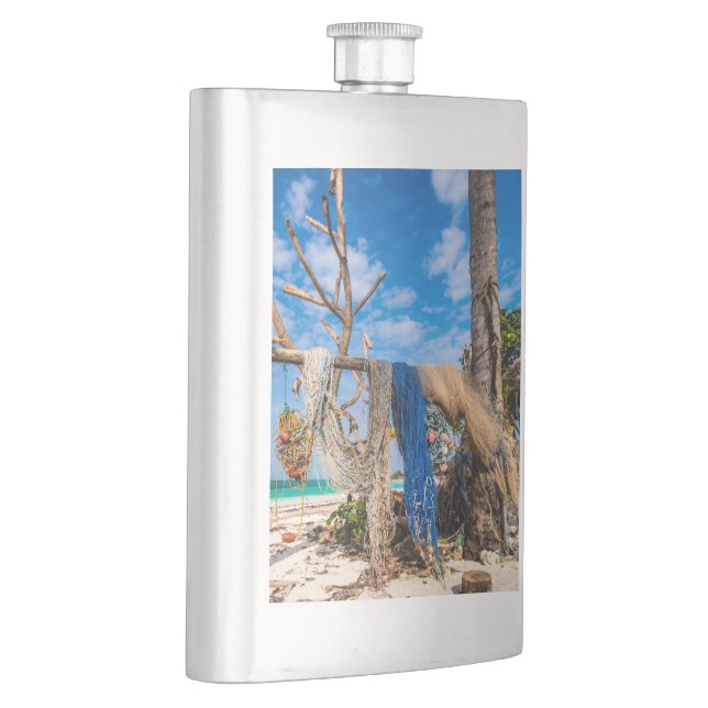 Fishing nets drying on the beach hip flask (Right)