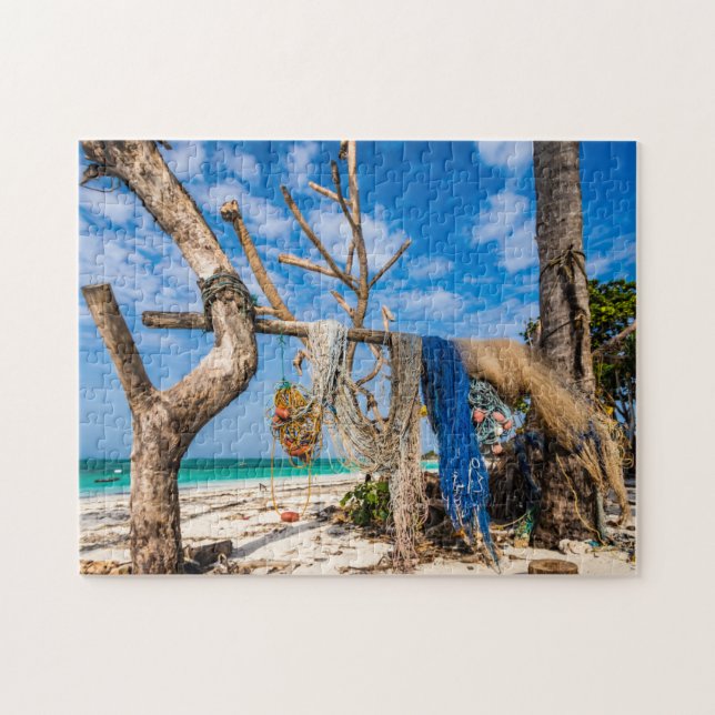 Fishing nets drying on the beach jigsaw puzzle (Horizontal)