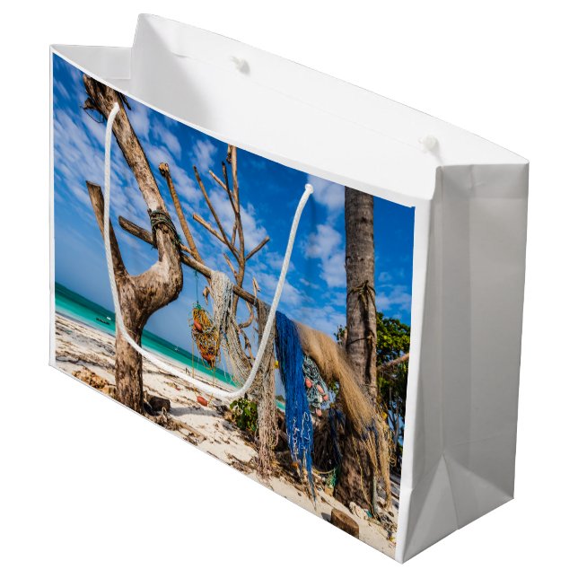 Fishing nets drying on the beach large gift bag (Front Angled)