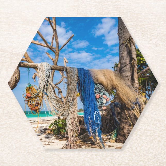 Fishing nets drying on the beach paper coaster (Front)