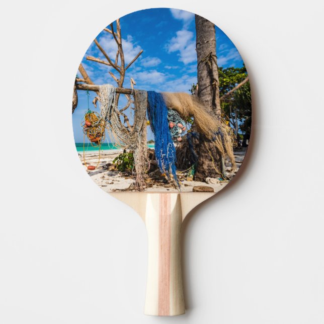 Fishing nets drying on the beach ping pong paddle (Front)