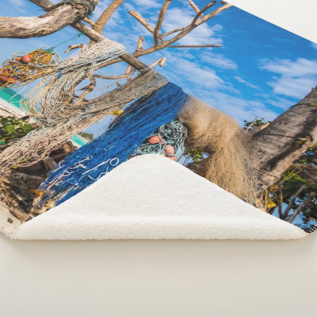 Fishing nets drying on the beach sherpa blanket (3/4)