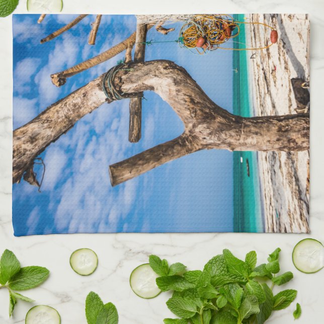 Fishing nets drying on the beach tea towel (Folded)