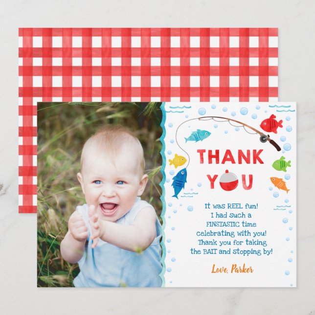 Fishing O-fish-ally 1st Birthday Thank You Cards (Front/Back)