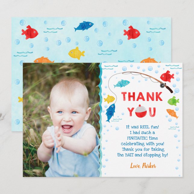 Fishing O-fish-ally 1st Birthday Thank You Cards (Front/Back)