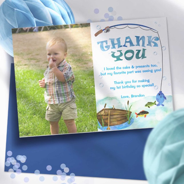 Fishing O-fish-ally birthday photo thank you card (Fishing themed, little fisherman, O-fish-ally, boy 1st birthday thank you cards.)