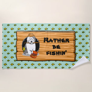 Fishing Old English Sheepdog Dog (Grey 1) Cute Beach Towel