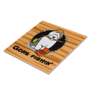 Fishing Old English Sheepdog (Grey 1) Cute Funny Tile