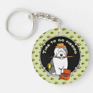 Fishing Old English Sheepdog (Grey 1) Cute OES Key Ring