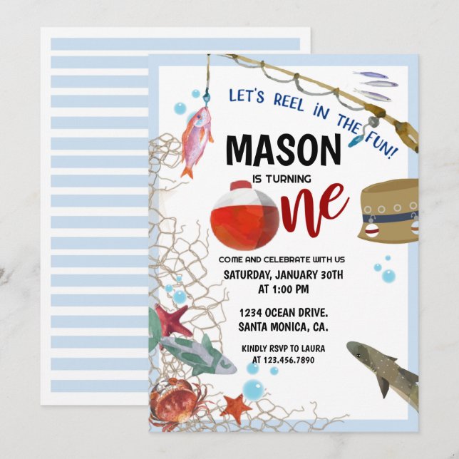 Fishing party, First Birthday, FISHING INVITATION (Front/Back)