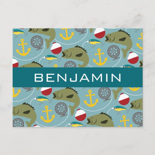 Fishing Pattern with Custom Name Postcard (Front)