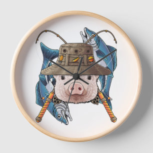 Fishing Pig Outdoor Fisherman Farm Animal Cute Fly Clock