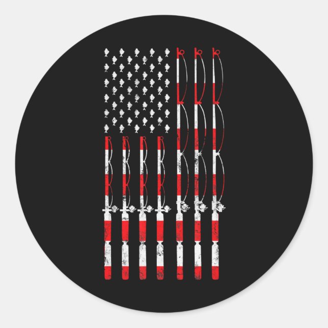 Fishing Pole American USA Flag Patriotic Fishing Classic Round Sticker (Front)