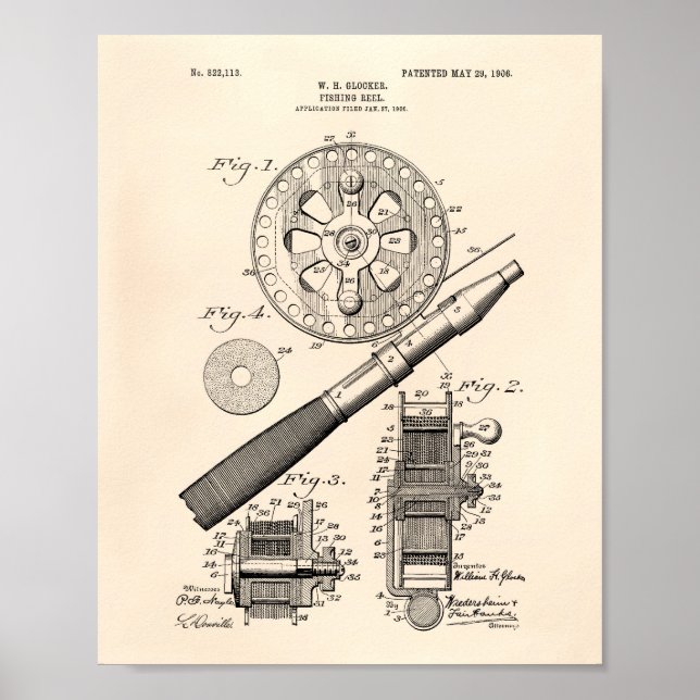 Fishing Reel 1906 Patent Art Old Peper Poster (Front)