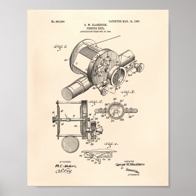 Fishing Reel 1907 Patent Art Old Peper Poster (Front)