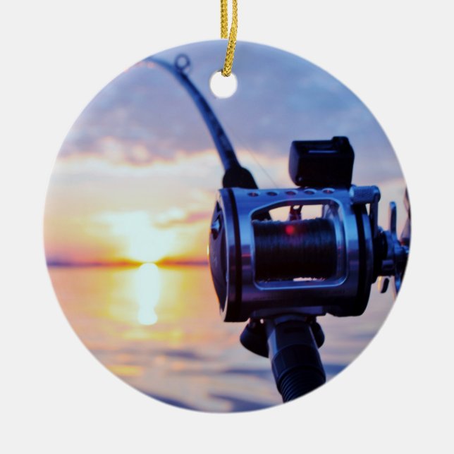 Fishing Reel at Sunset Ceramic Tree Decoration (Front)