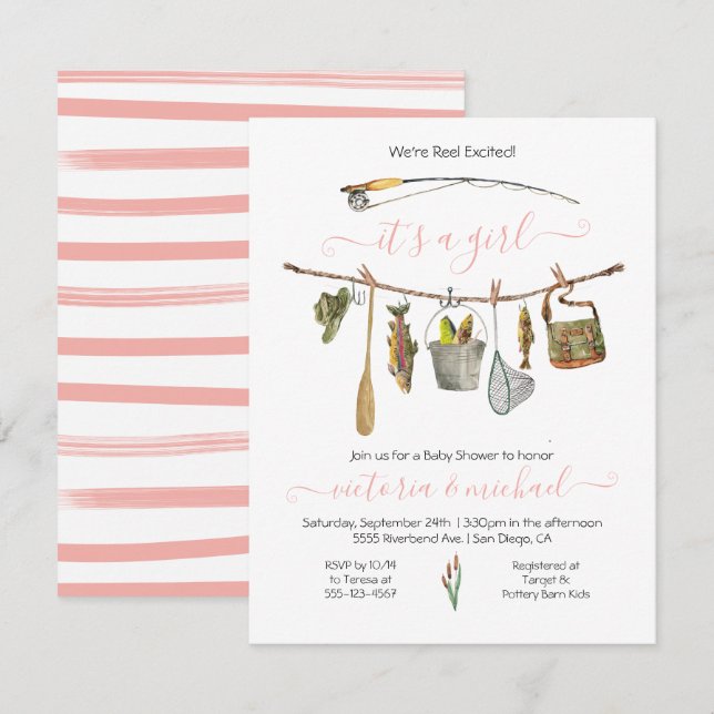 Fishing Reel Baby Shower Clothesline Girl Invitation (Front/Back)