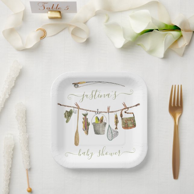 Fishing Reel Baby Shower Clothesline Paper Plate (Wedding)