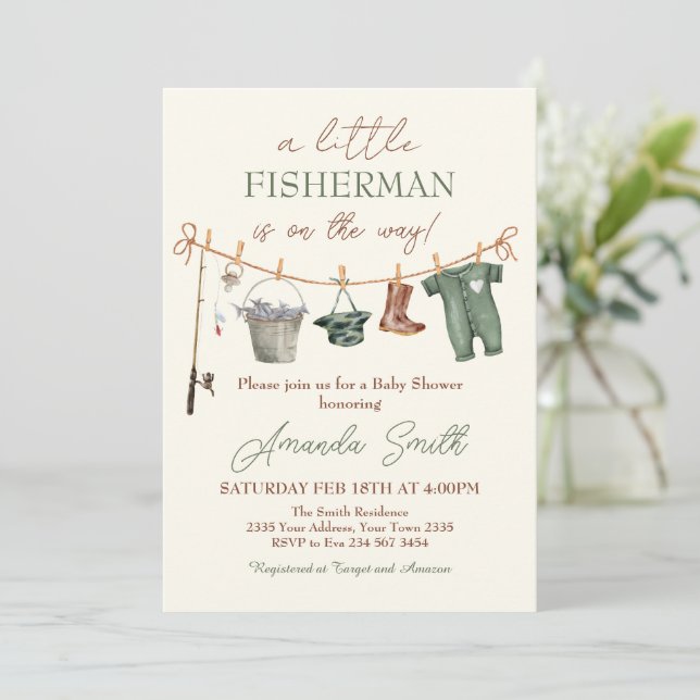 Fishing Reel Excited Boy Baby Shower Invitation (Standing Front)