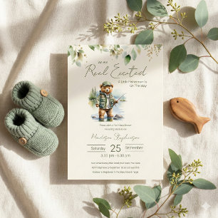 Fishing Reel Excited Boy Baby Shower QR Code  Invitation