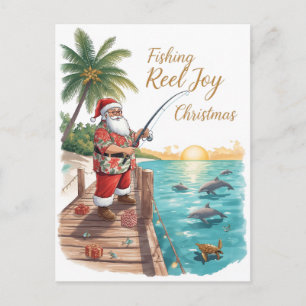 Fishing Reel Joy Christmas with Santa Holiday  Postcard