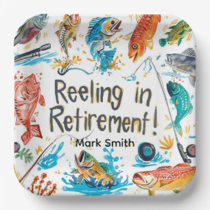 Fishing Reeling in Retirement Party watercolor Paper Plate