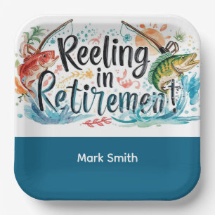 Fishing Reeling in Retirement Party watercolor Paper Plate