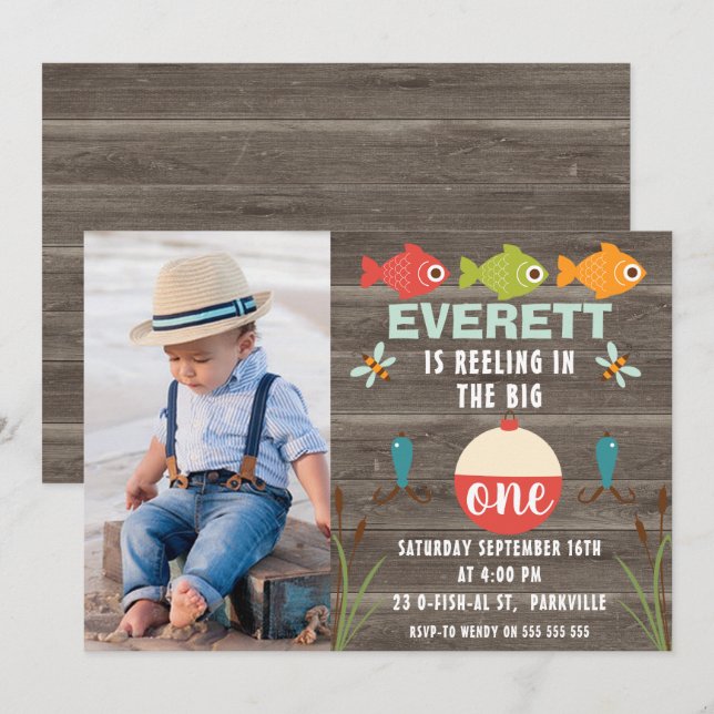 Fishing reeling in the big one birthday invitation (Front/Back)