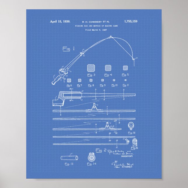 Fishing Rod 1930 Patent Art Blueprint Poster (Front)