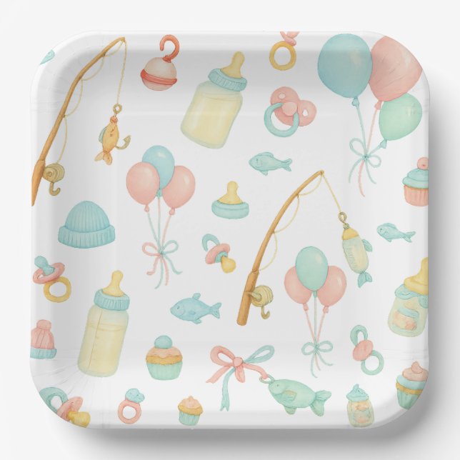 Fishing rod Baby Shower themed for Fishing lovers  Paper Plate (Front)