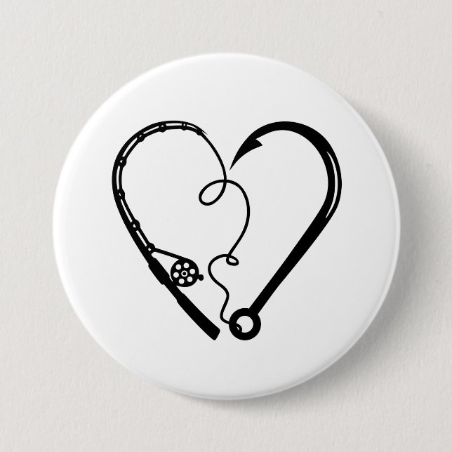 FISHING ROD HEART HOOK 7.5 CM ROUND BADGE (Front)