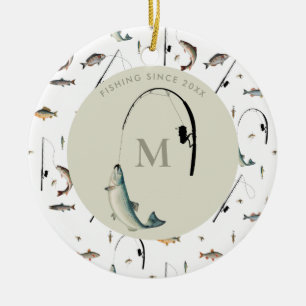 Fishing Rod & Reel Fish Theme Fisherman Monogram  Ceramic Tree Decoration