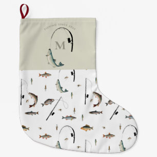 Fishing Rod & Reel Fish Theme Fisherman Monogram Large Christmas Stocking