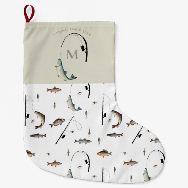 Fishing Rod & Reel Fish Theme Fisherman Monogram  Large Christmas Stocking (Front)
