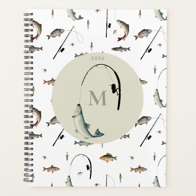 Fishing Rod & Reel Fish Theme Fisherman Monogram Planner (Front)