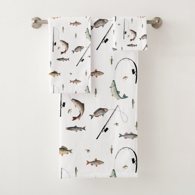 Fishing Rod & Reel Fish Theme Pattern Bath Towel Set (Insitu)