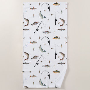 Fishing Rod & Reel Fish Theme Pattern Beach Towel