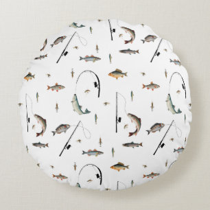 Fishing Rod & Reel Fish Theme Pattern Round Cushion