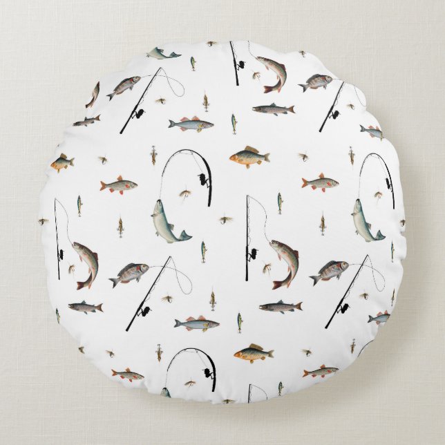 Fishing Rod & Reel Fish Theme Pattern Round Cushion (Front)